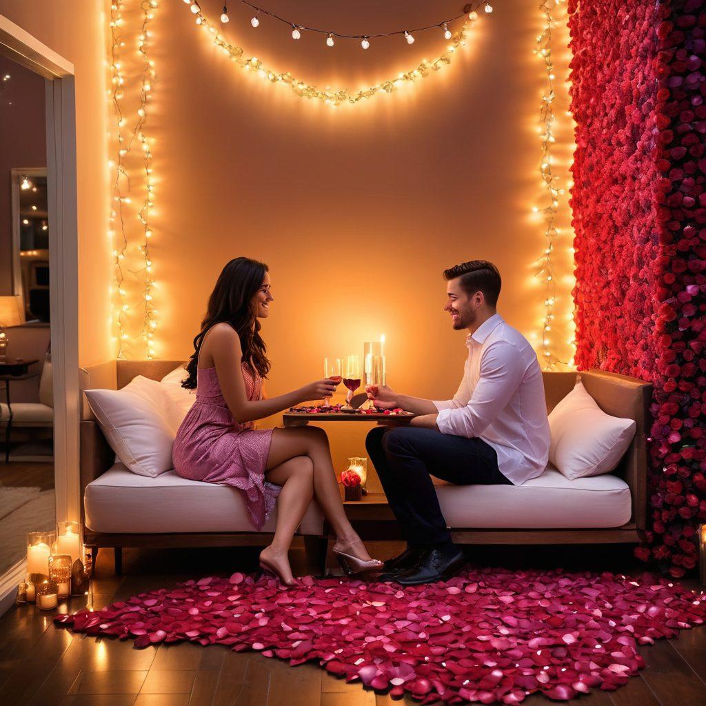 A cozy candlelit setting depicting a couple engaging in a deep, intimate conversation, surrounded by romantic decor like rose petals and soft pillows. The background should feature soft-focus fairy lights to create an enchanting atmosphere, while subtle touches of sensual colors like deep reds and purples enhance the mood. The couple should reflect diverse backgrounds, capturing modern relationships' inclusivity. painting. vibrant colors. soft lighting.