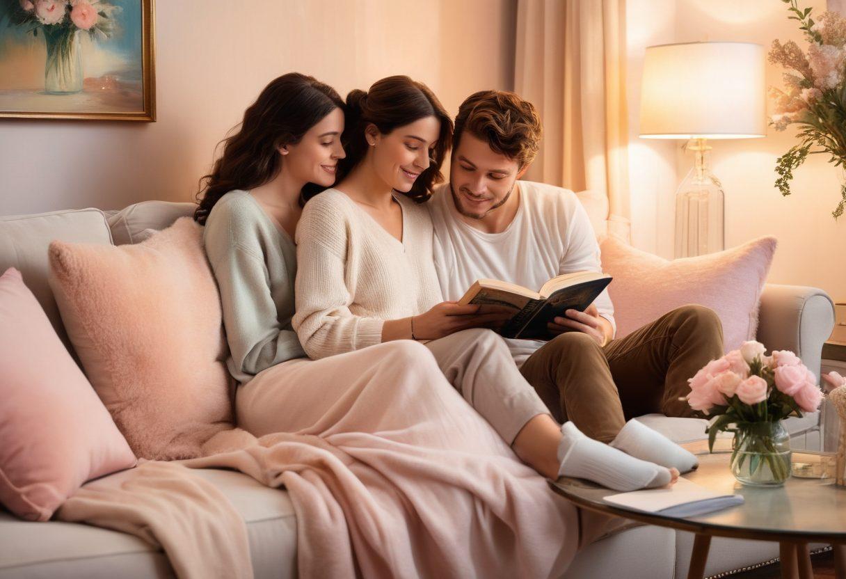 A cozy, intimate scene of a couple sitting together on a plush sofa, surrounded by warm lighting and soft textiles, sharing a book, with a fresh bouquet of flowers on a nearby table. The atmosphere conveys deep emotional connection and warmth, with subtle hints of playful interaction. The background features soft, pastel colors enhancing the romantic vibe. painting. soft colors. warm lighting.
