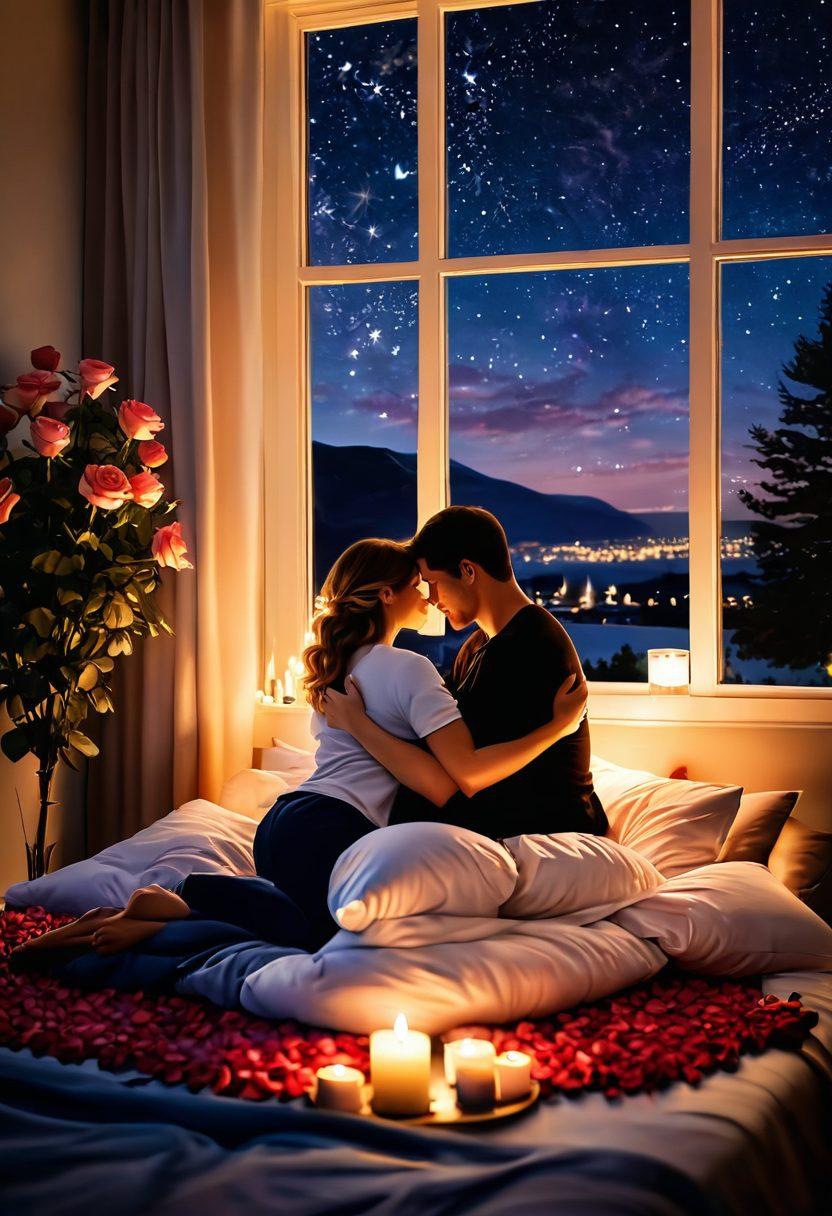 A cozy, candle-lit setting showcasing a couple embracing, surrounded by soft pillows and rose petals. The background features a starry night sky visible through a window, symbolizing romance and intimacy. Warm colors dominate the scene, enhancing feelings of love and connection. Include subtle, heart-shaped light reflections in the atmosphere. super-realistic. vibrant colors. intimate ambiance.